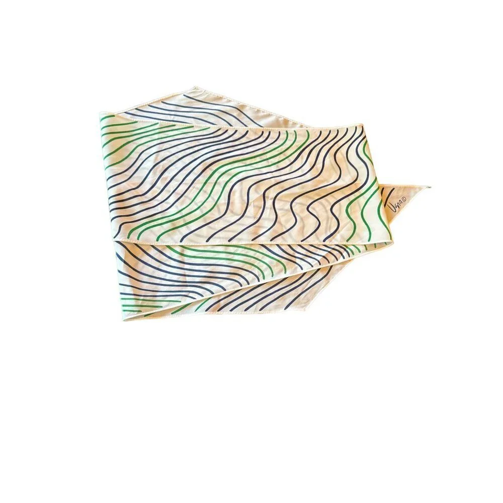 Vera Neumann Long Rectangle White Scarf Green Blue Stripes - Picture 4 of 4